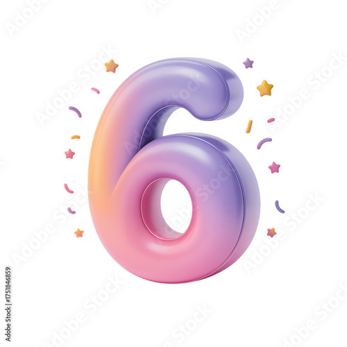 Number six with pastel gradient and stars confetti on transparent background, 3d render