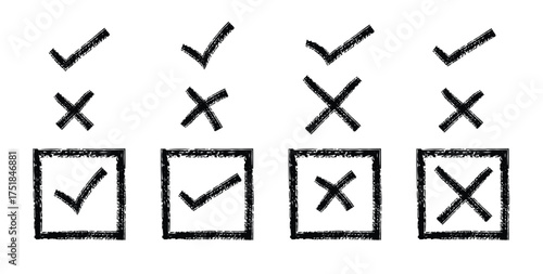 Hand-Drawn Check Mark and Cross Set: Sketchy Doodle Vector Symbols for Approval, Error, Checklist, Tally, and Form Completion