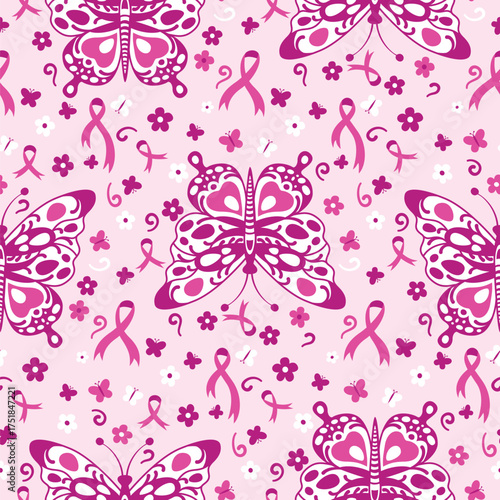 Butterflies and Pink Ribbons Breast Cancer Awareness Seamless Pattern