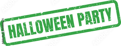 A textured green rubber stamp impression announces HALLOWEEN PARTY in bold letters on a clean white backdrop