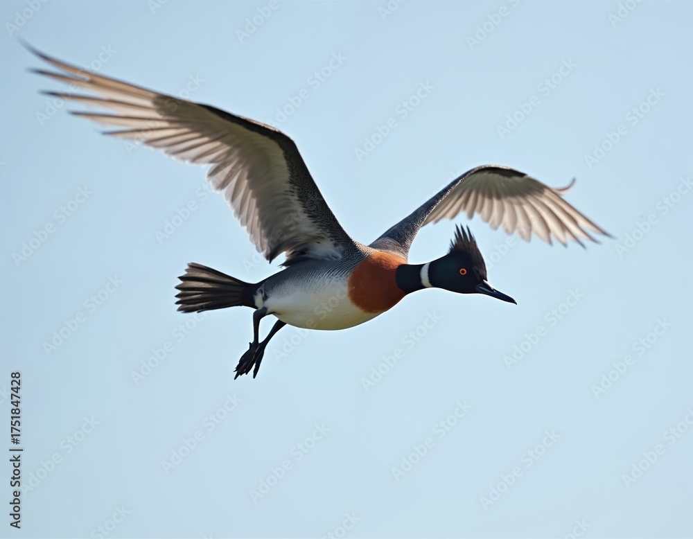 Obraz premium A red-breasted merganser flies against a clear blue sky. The waterbird spreads wings showing feathers. This diving duck is in motion in its natural habitat.