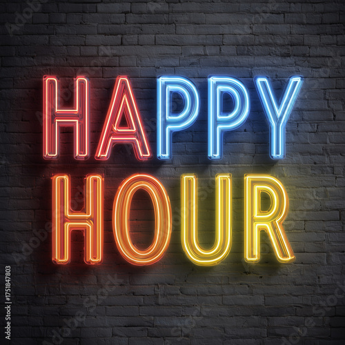 Leuchtendes Happy Hour Neon-Schild an Backsteinwand