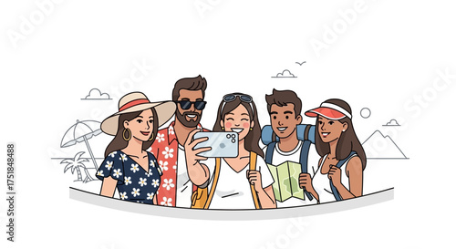 Friends Taking a Selfie on Vacation Capturing Happy Memories Together