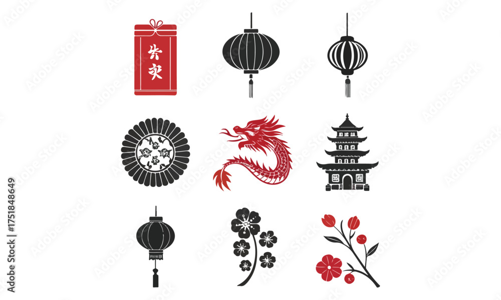 Naklejka premium Chinese New Year Icon Set – Dragon, Lanterns, Pagoda, Red Envelope SVG PNG