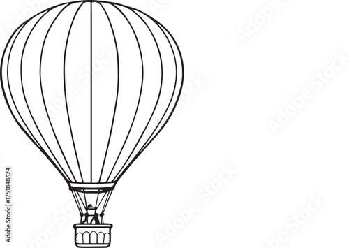 Stylized hot air balloon illustration with vertical panels and basket passengers in black-and-white line art