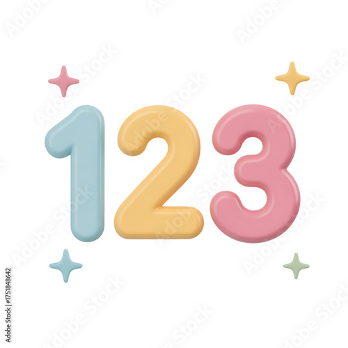 Pastel number one two three with stars on transparent background, cute 3d rendering
