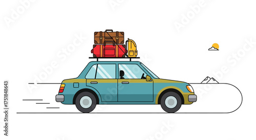 Bright blue car overloaded with travel luggage on its roof, ready for an exciting summer road trip adventure across the open highway, a perfect symbol of vacation and freedom