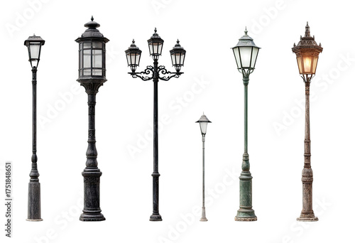 Vintage street lamps in various styles.  Different sizes and designs, some with ornate details.  Isolated on black background