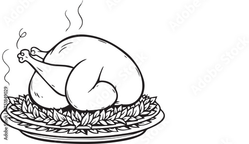 Cooked turkey on garnished platter with steam rising in black-and-white festive food illustration style