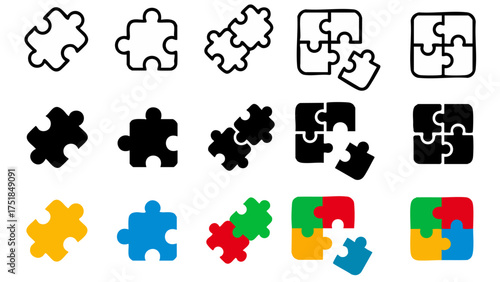 Jigsaw Puzzle Piece Icons Collection: Outline, Solid, and Colorful Teamwork Symbols