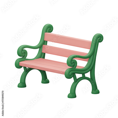 Pink and green ornate park bench, isolated on transparent background, 3d rendering
