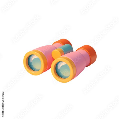 Pink and orange cartoon binoculars with blue lens on transparent background, 3d rendering