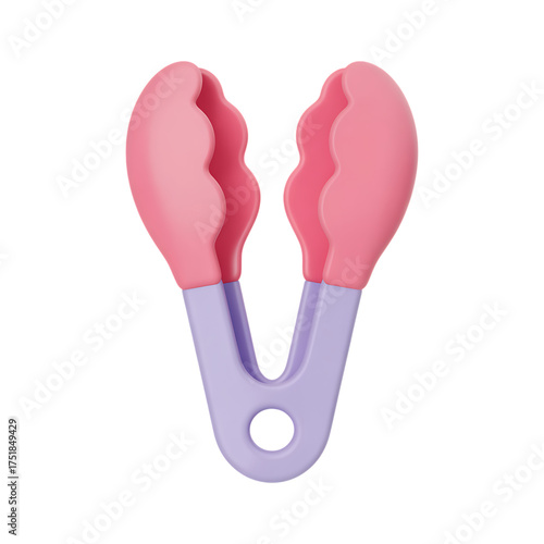 Pink and purple kitchen tongs tool for cooking on transparent background, studio shot