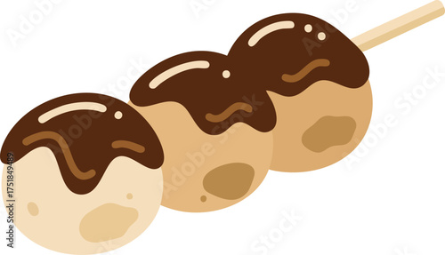 Three doughnuts on a stick with chocolate topping.