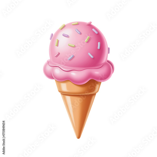 Pink ice cream cone with sprinkles on transparent background illustration for design