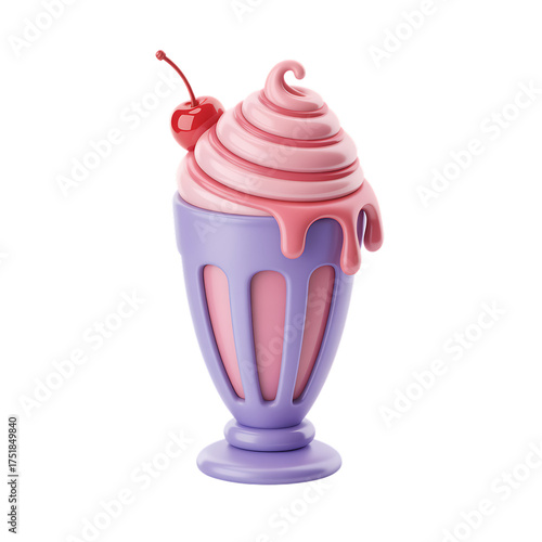 Pink ice cream sundae with cherry in purple glass on transparent background