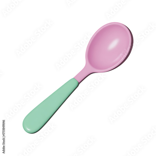 Pink spoon with green handle on transparent background, 3d render illustration