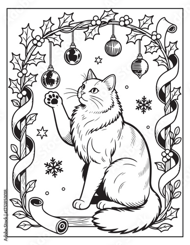 Whimsical Christmas cat with ornaments and holly garland playing with holiday decorations festive animal scene hand-drawn line art vector