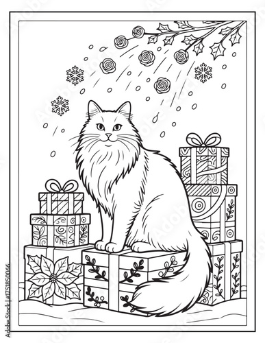 A fluffy long-haired cat sits atop a stack of beautifully wrapped holiday gift boxes surrounded by festive decorations ideal for Christmas and winter celebrations vector