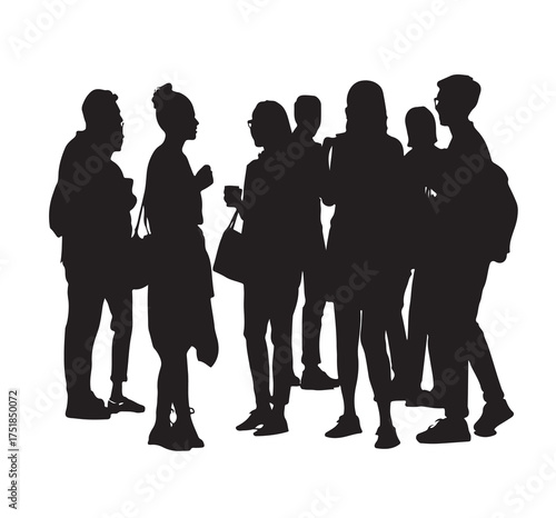 Silhouettes of diverse groups of people socializing at a casual gathering. Men and women of various ethnicities engage in conversation, enjoying a lively social event. People of diverse backgrounds mi