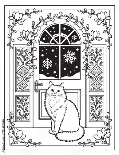 Fluffy cat sits before snowy window and ornate door waiting for winter wonderland holiday season fun vector