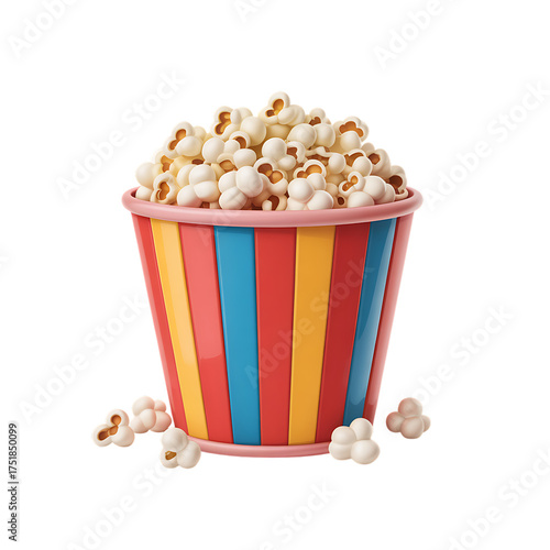 Popcorn in a striped bucket on transparent background, 3d render with some spilled