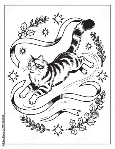 Whimsical tabby cat leaping gracefully through a wreath of stars and foliage with flowing ribbons vector
