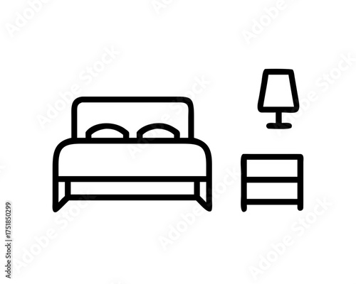 Bedroom interior design with bed, nightstand, and lamp