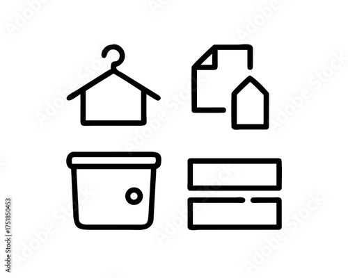 Icon set featuring hanger, document, pot, and drawer