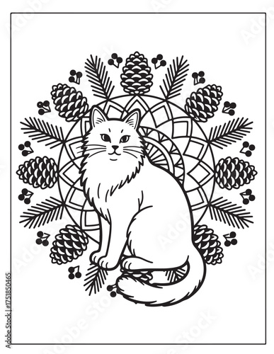 Whimsical cat mandala coloring page cute feline surrounded by pine cones and evergreen branches relaxation and creative activity for all ages vector