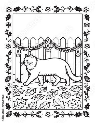 Whimsical line art coloring page features a fluffy cat walking amongst autumn leaves near a festive garlanded fence perfect for seasonal crafts and relaxation vector