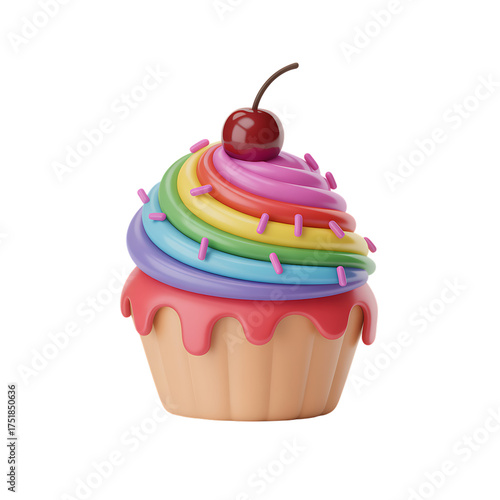 Rainbow frosted cupcake with cherry on top and sprinkles on transparent background