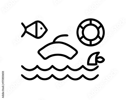 Illustration of marine life and safety equipment on water