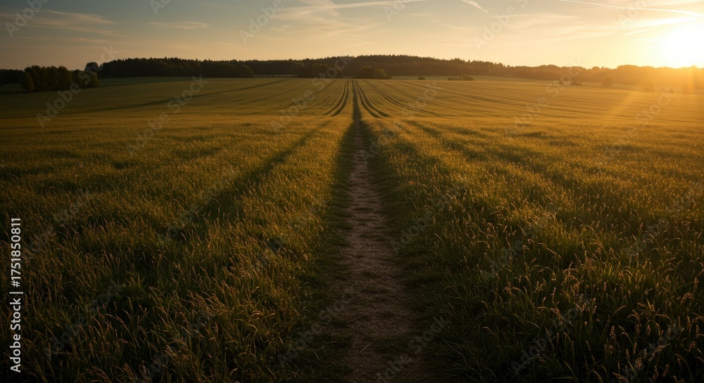 Fototapeta premium Scenic dirt road through a field at sunset nature and travel concept