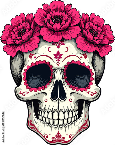 sugar skull with pink roses and detailed floral decoration illustration for mexican día de los muertos holiday and remembrance festival art