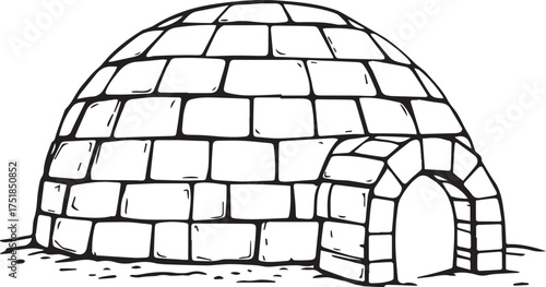 Black-and-white igloo illustration with dome structure, arched entrance, and snowy ground detail