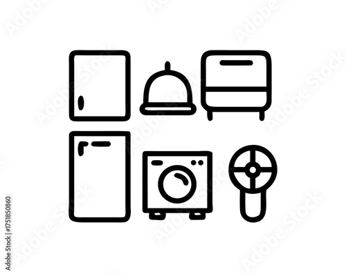 Outline illustration of household appliances and furniture