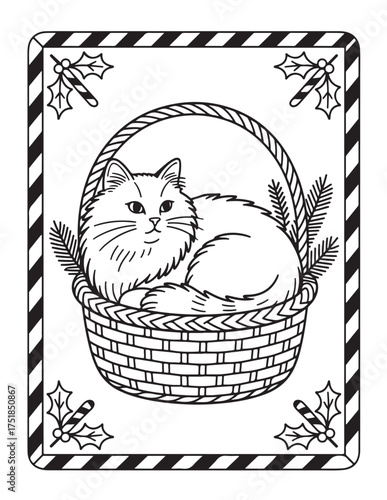 Charming fluffy cat resting inside a wicker basket decorated with holly and pine sprigs for festive holiday cheer vector