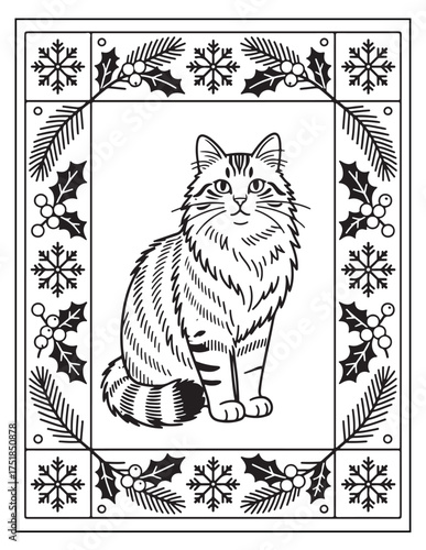 Charming fluffy cat portrait adorned with festive winter holly and snowflake border ideal for holiday crafts and designs vector