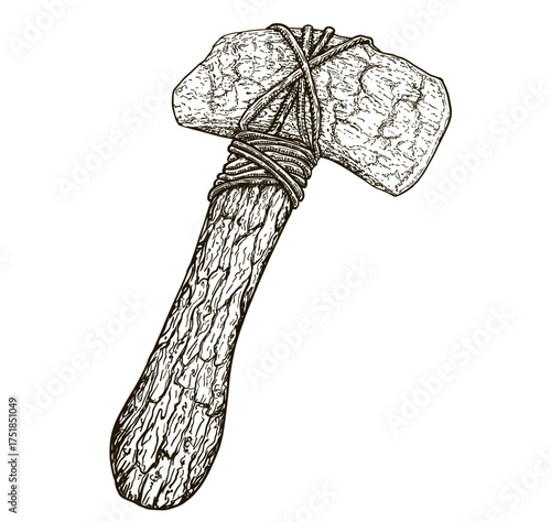 Stone Axe hand drawn illustration. Prehistoric labor tools and equipment of a primitive caveman. Stone Age tool for Hunting and crafting. Sketch illustration engraving style