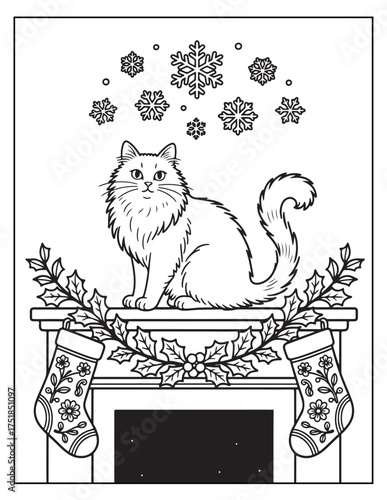 Fluffy long-haired cat perched majestically on a decorated fireplace mantel with festive snowflakes and christmas stockings ready for presents vector