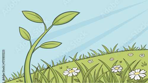 A young plant reaching toward the morning sun in a peaceful field.green background vector illustration 