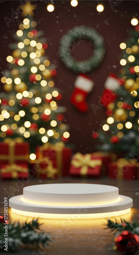 Rustic Christmas Product Display with Snowy Bokeh