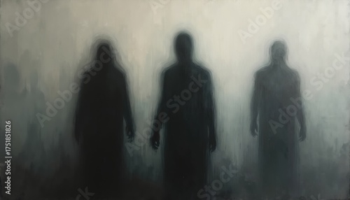Abstract digital painting of three dark blurry figures standing in fog. Ethereal silhouettes appear like ghosts unknown people in mysterious dream. Image shows lost souls spirits in hazy atmosphere,