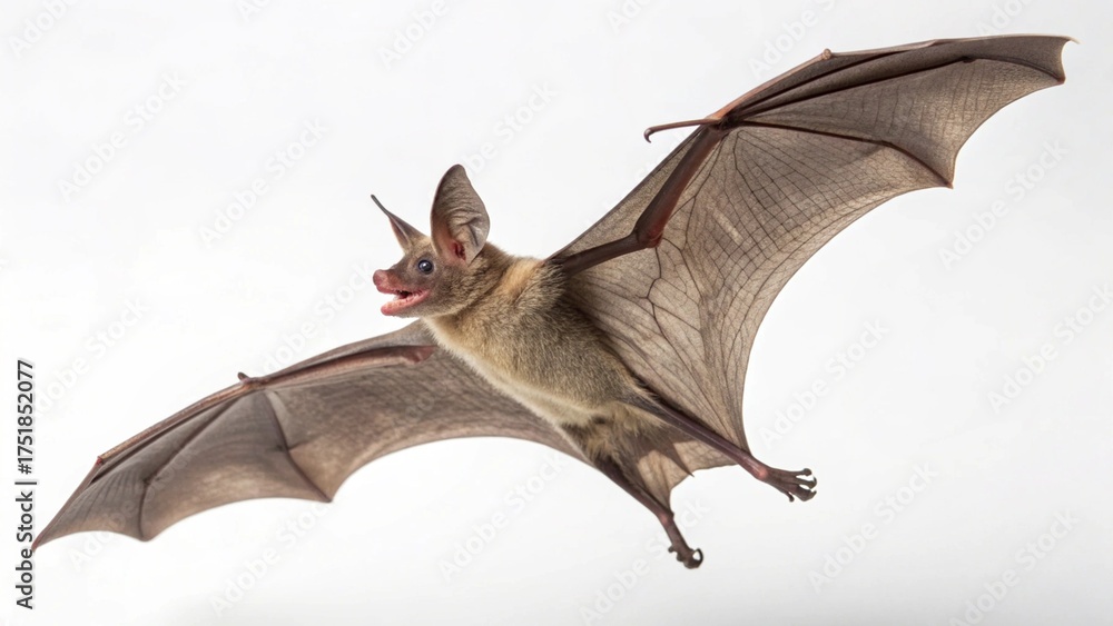 Fototapeta premium Mexican Free-Tailed Bat with long narrow wings, short muzzle, and tail extending beyond the membrane, isolated on a clean white studio background, realistic flying mammal portrait, sharp focus, profes