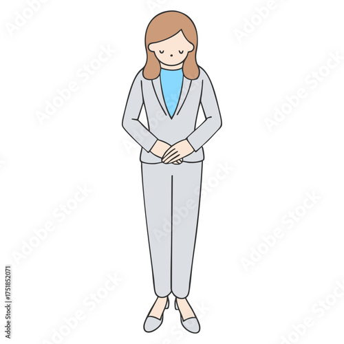 A vector illustration of a businesswoman bowing her head. Full body, front view, flat design. 頭を下げてお辞儀をするビジネスウーマンのベクターイラスト。全身正面、フラットデザイン。