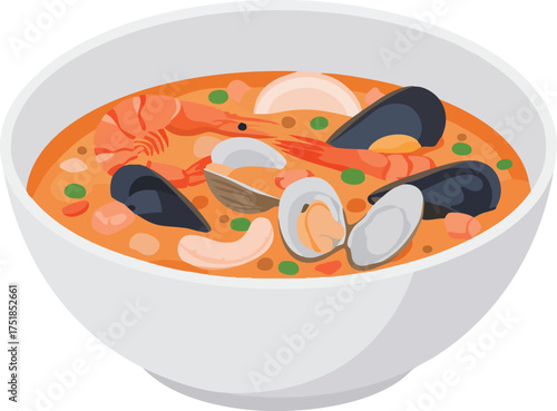 A white bowl of delicious seafood soup with shrimp, mussels, and clams, isolated on a white background.