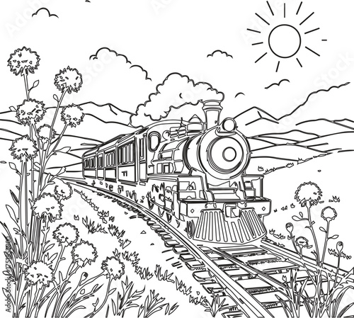 Vintage steam train illustration in scenic countryside with mountains, sun, clouds, and flowering plants