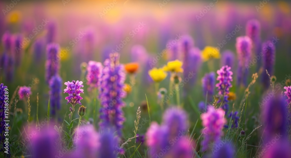 Naklejka premium A vibrant field of purple and yellow wildflowers with a blurred background.