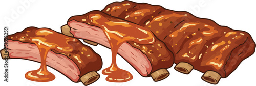 A detailed vector illustration of cooked pork ribs with barbecue sauce dripping off them.